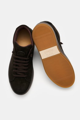 Fabiano Ricci High Top Sneaker 'Tennessee' dunkelbraun, softes Veloursleder, runde Vorderkappe, elastische Sieben-Loch-Schnürung, von oben fotografiert.