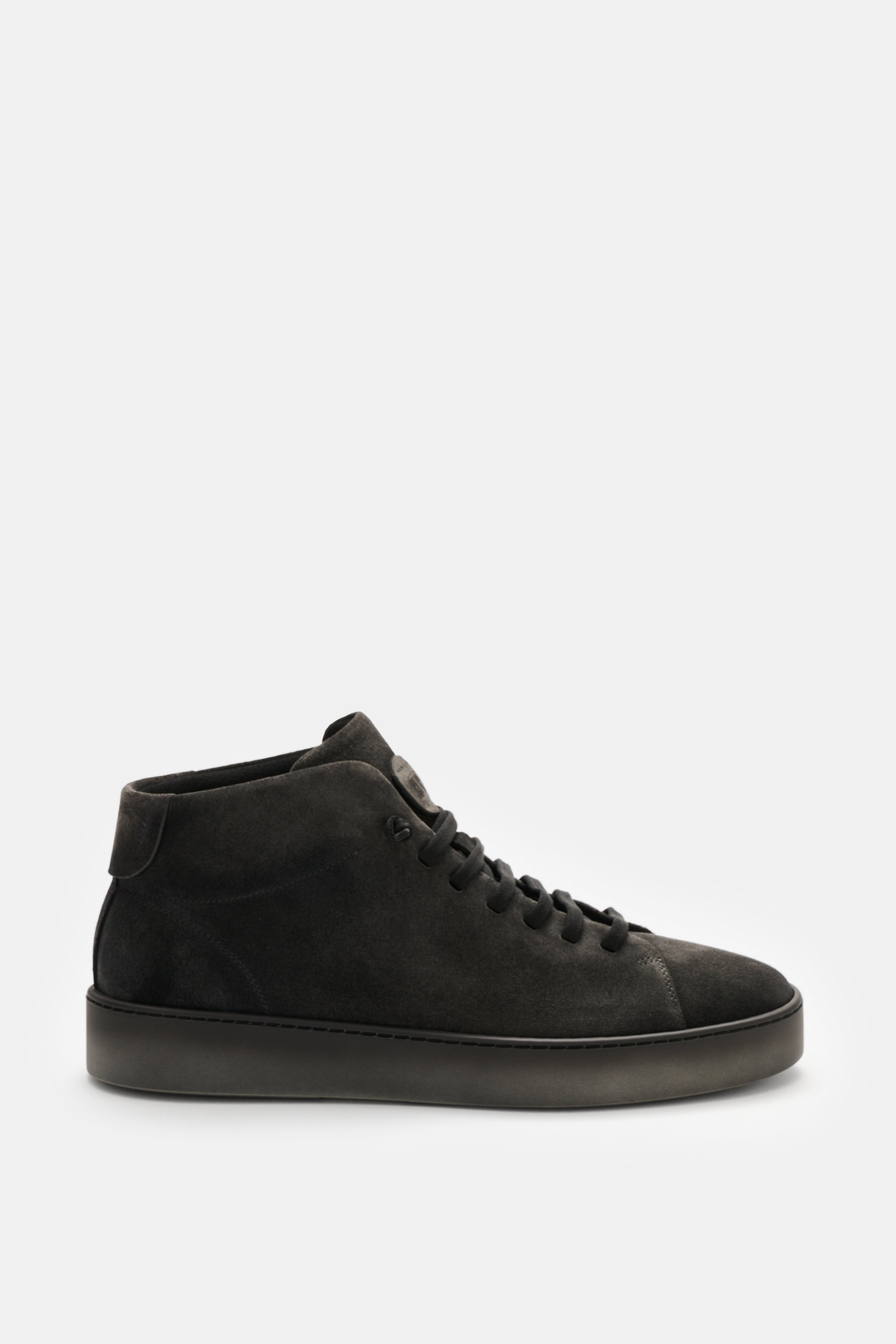 Fabiano Ricci High Top Sneaker 'Tennessee' dunkelgrau aus softem Veloursleder, seitlich fotografiert, sieben-Loch-Schnürung, elastisch, Slip-on, Mesh-Futter, gepolsterte Innensohle, flexible Gummisohle.