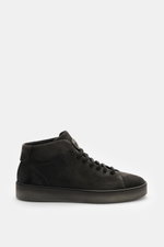 Fabiano Ricci High Top Sneaker 'Tennessee' dunkelgrau aus softem Veloursleder, seitlich fotografiert, sieben-Loch-Schnürung, elastisch, Slip-on, Mesh-Futter, gepolsterte Innensohle, flexible Gummisohle.