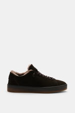 Side view of Fabiano Ricci Sneaker 'Tennessee' dark brown in soft suede leather with slip-on elastic lacing and lambskin lining.