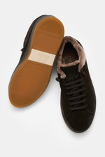 Top and sole view of Fabiano Ricci Sneaker 'Tennessee' dark brown in soft suede leather, round toe, elastic slip-on lacing, and lambskin lining.