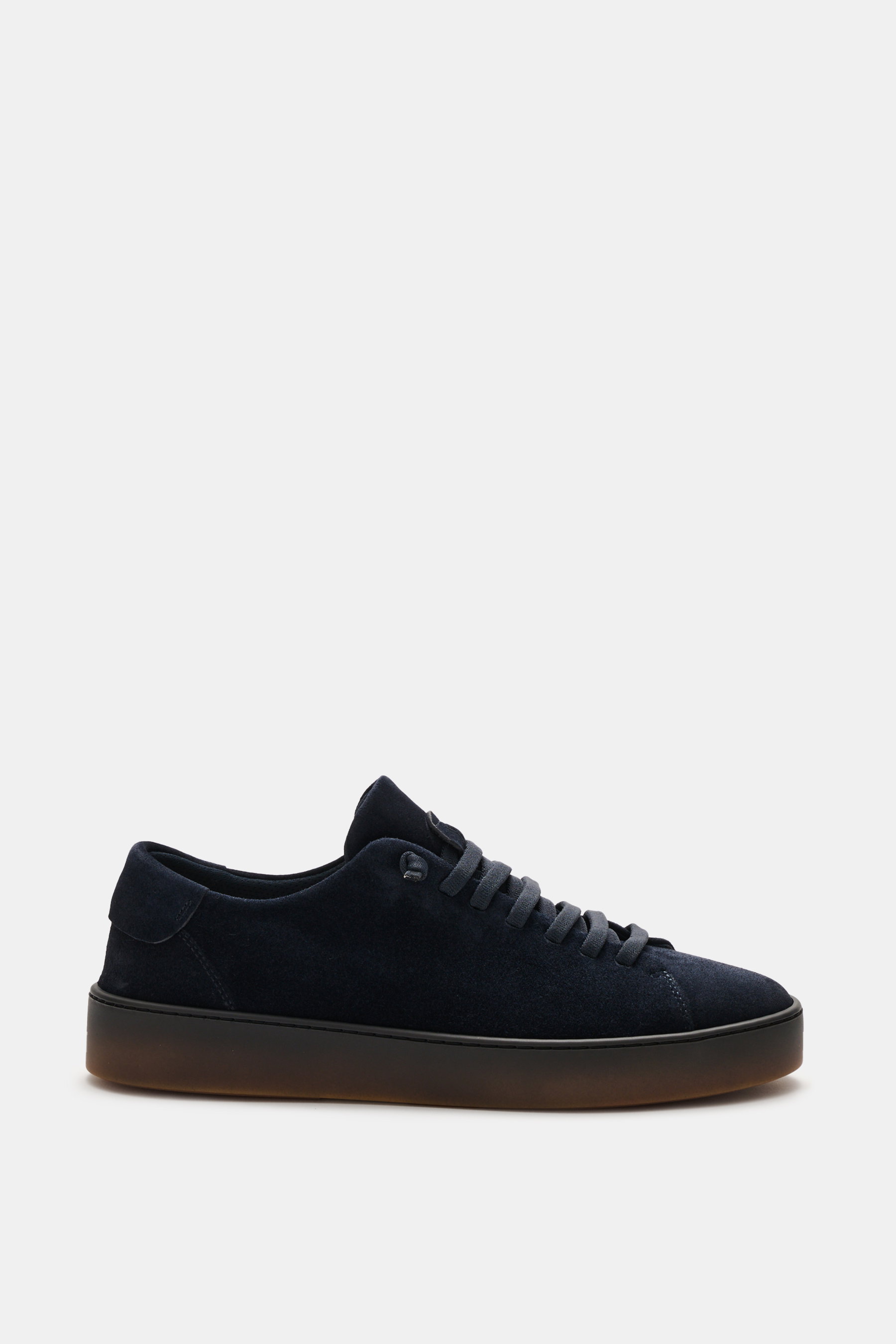 Side view of Fabiano Ricci Sneaker 'Tennessee' dark navy made of soft suede leather with elastic slip-on lacing, round toe, logo tongue, mesh lining, padded insole, and rubber sole.