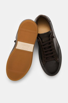 Fabiano Ricci Sneaker 'Double TDM' dunkelbraun aus genarbtem Leder, runde Vorderkappe, elastische Schnürung, flexible Gummisohle, Ansicht von oben.