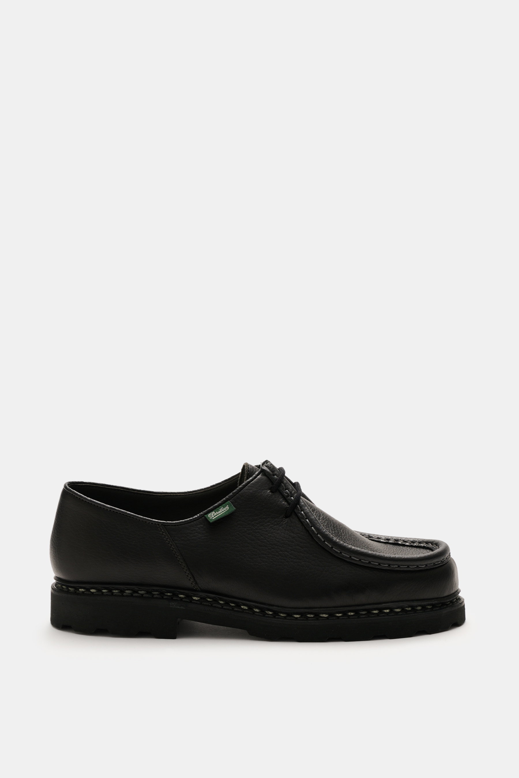 Paraboot Lace-up shoes 'Michael' black shown from side view, crafted in grained smooth leather with Norwegian welt, moc-toe, two-eyelet lacing, PARABOOT label, leather lining, and durable natural rubber sole.