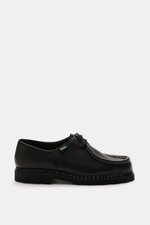 Paraboot Lace-up shoes 'Michael' black shown from side view, crafted in grained smooth leather with Norwegian welt, moc-toe, two-eyelet lacing, PARABOOT label, leather lining, and durable natural rubber sole.