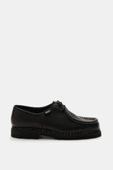 Paraboot Lace-up shoes 'Michael' black shown from side view, crafted in grained smooth leather with Norwegian welt, moc-toe, two-eyelet lacing, PARABOOT label, leather lining, and durable natural rubber sole.