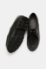 Paraboot Lace-up shoes 'Michael' black shown from top and sole view, featuring grained smooth leather, Norwegian welt seam, moc-toe, two-eyelet lacing, PARABOOT label, leather lining, and durable natural rubber outsole.