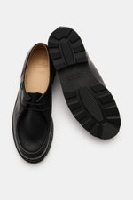 Paraboot Dress shoes 'Michael' black shown from top and sole view, featuring fine nubuck leather, Norwegian welted design, two-eyelet lacing, leather lining, and robust natural rubber outsole. A timeless classic designed in 1945 by Michel Richard, combini