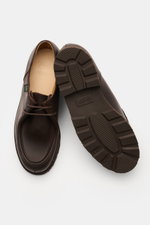 Paraboot Dress shoes 'Michael' dark brown in fine nubuck leather, shown from front and sole views, featuring Norwegian welted design, two-eyelet lacing, and robust rubber outsole.