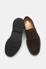 Crockett & Jones Derby 'Windermere' dark brown suede men's shoe shown from top and sole view, soft suede leather, slim silhouette, five-eyelet lacing, leather lining, profiled rubber sole.