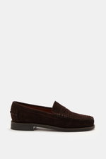 Side view of Sebago Penny Loafer 'Classic Dan' dark brown in supple suede leather with tapered silhouette, penny strap, decorative front seam, leather lining, sole, and rubber-reinforced heel.