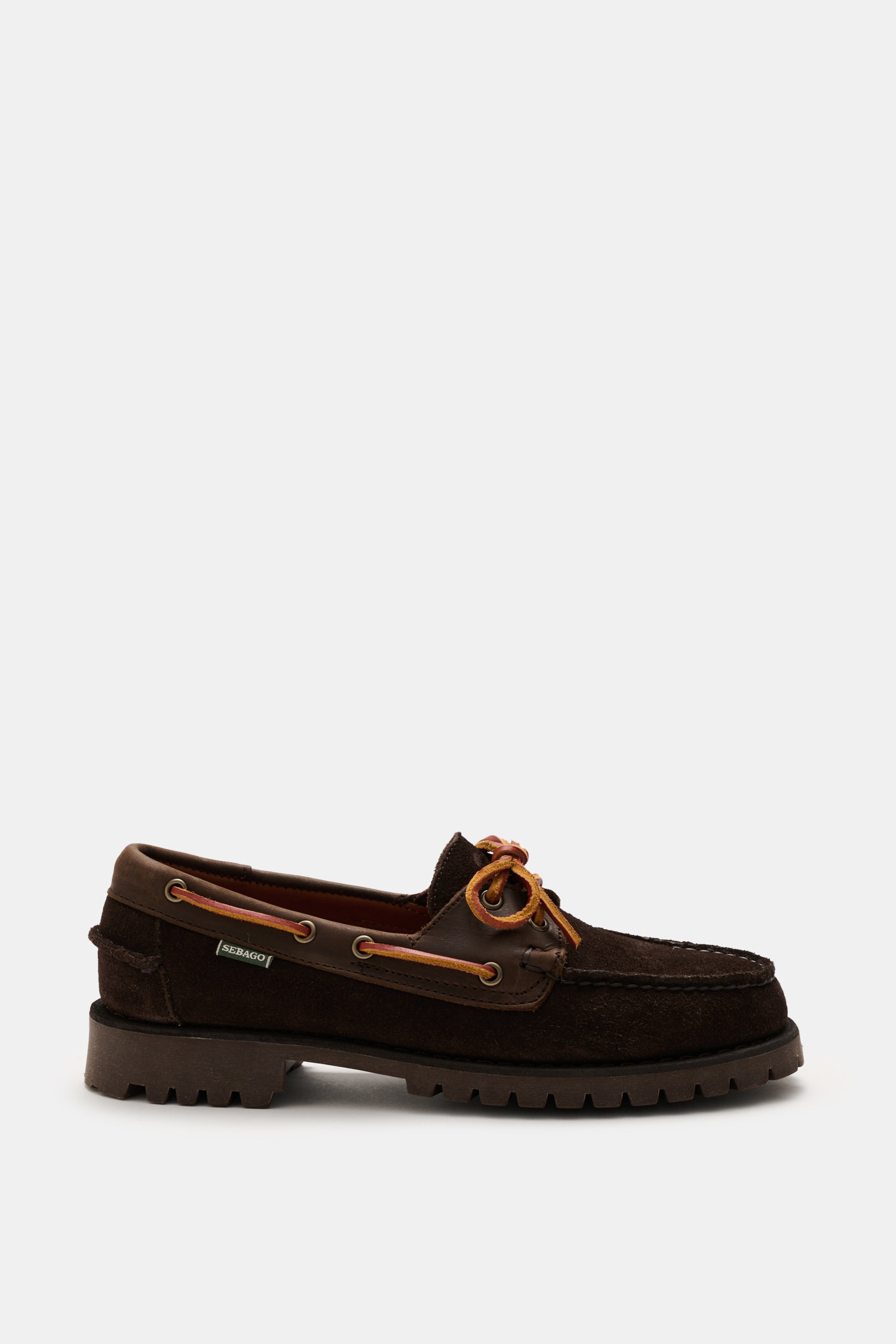 Sebago Boat Shoe 'Guardian' Dark Brown shown from side view, featuring supple suede leather, slightly tapered silhouette, leather band all around for lacing, toe cap with decorative seam, leather lining, and rubber sole with tread.