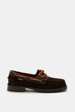 Sebago Boat Shoe 'Guardian' Dark Brown shown from side view, featuring supple suede leather, slightly tapered silhouette, leather band all around for lacing, toe cap with decorative seam, leather lining, and rubber sole with tread.