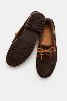 Sebago Boat Shoe 'Guardian' Dark Brown shown from above and sole view, featuring supple suede leather, slightly tapered silhouette, leather band all around for lacing, toe cap with decorative seam, leather lining, and rubber sole with tread.