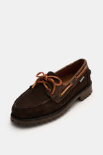 Sebago Boat Shoe 'Guardian' Dark Brown shown from a high front angle, featuring supple suede leather, slightly tapered silhouette, leather band all around for lacing, toe cap with decorative seam, leather lining, and rubber sole with tread.