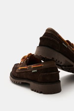 Sebago Boat Shoe 'Guardian' Dark Brown shown from a low rear angle, featuring supple suede leather, slightly tapered silhouette, leather band all around for lacing, toe cap with decorative seam, leather lining, and rubber sole with tread.