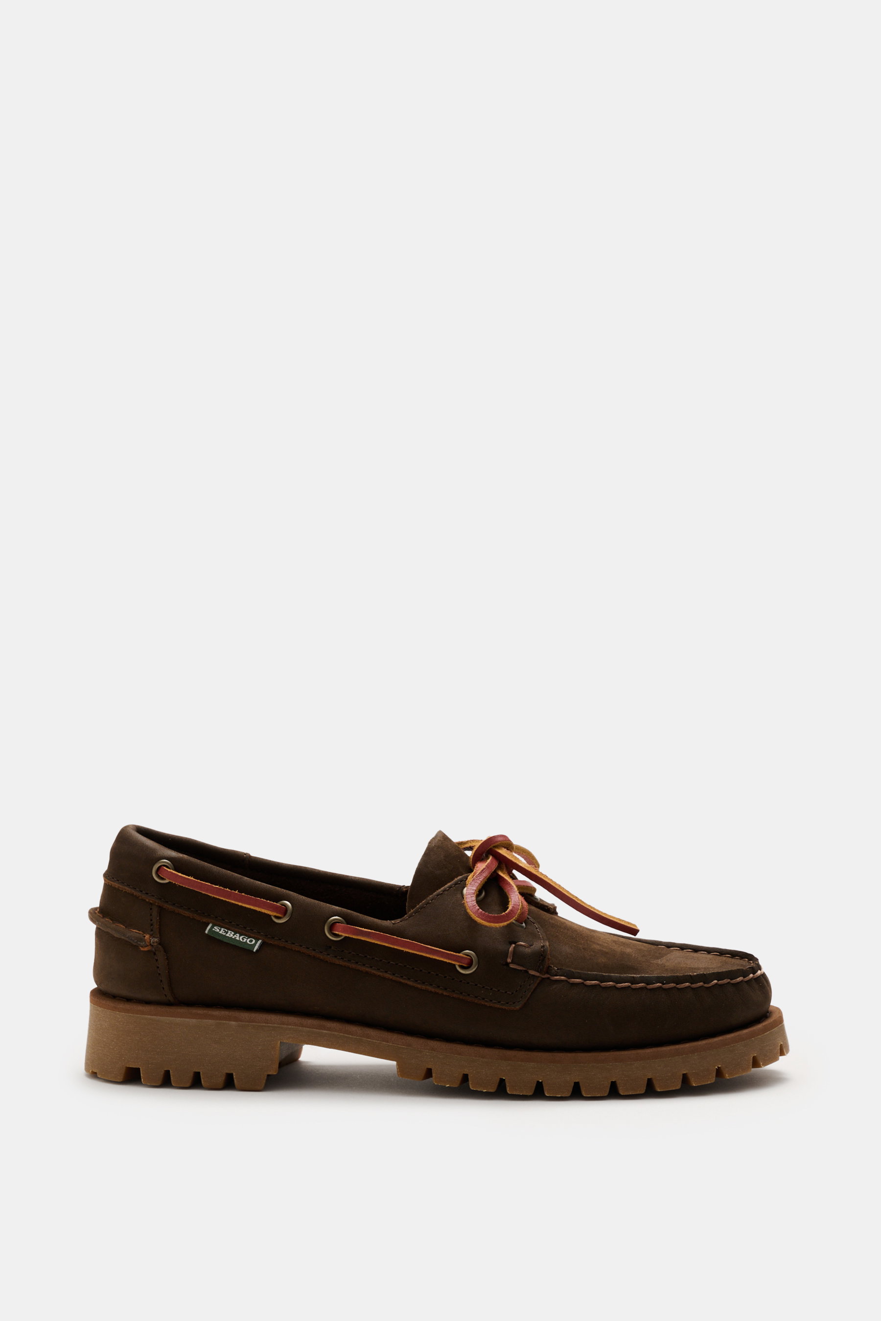 Side view of Sebago Boat Shoe 'Ranger Muddy' Brown in durable nubuck leather with leather band lacing, decorative toe stitch, and treaded rubber sole.