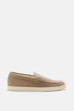 Side view of a Brunello Cucinelli Loafer beige in soft suede leather with embossing, tapered shape, decorative front seam, light unlined build, and rubber outsole.