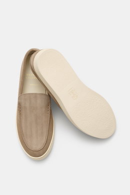 Brunello Cucinelli Loafer beige in soft suede leather with embossing, decorative seam, rubber outsole, shown from top and sole view.