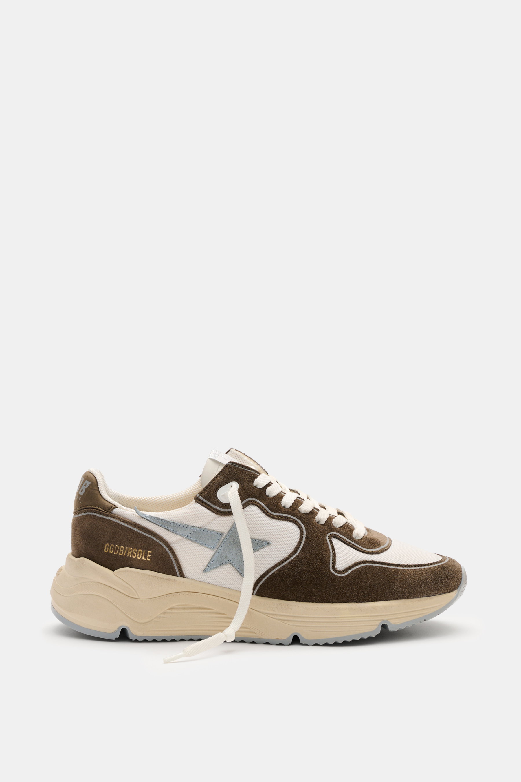 Golden Goose Sneaker 'Running Sole' weiß/graubraun/rauchblau, seitliche Ansicht, Mesh und Veloursleder, 8-Loch-Schnürung, gepolsterter Schaftrand.