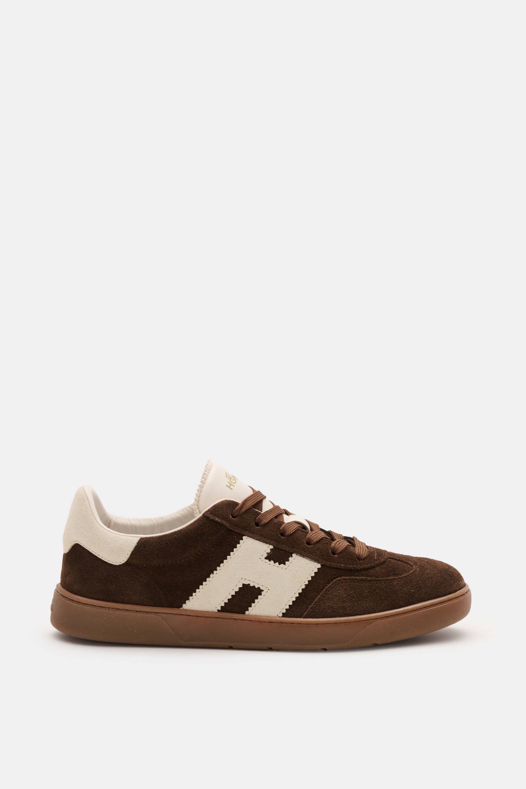 Hogan Sneaker 'Cool' dunkelbraun, Seitenansicht, Veloursleder, H-Logo, Memory-Foam-Fußbett, gepolsterter Schaftrand, flexible Gummisohle.