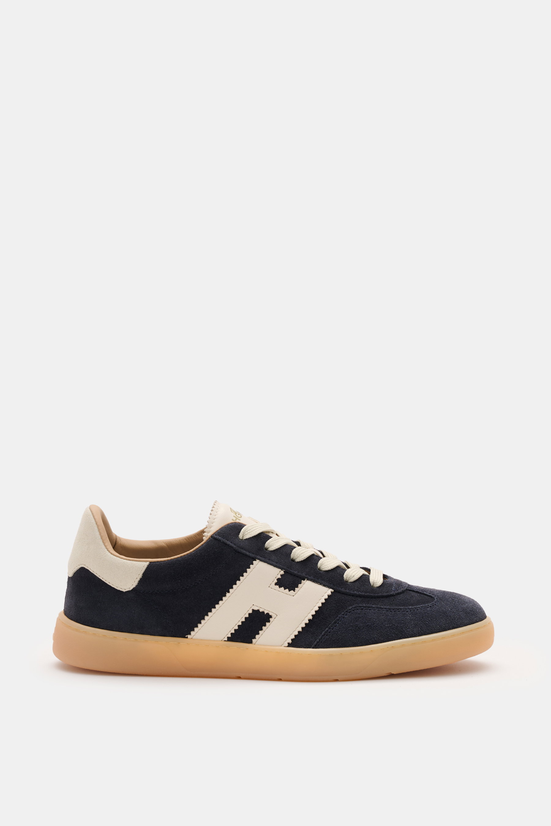 Hogan Sneaker 'Cool' navy/weiß seitlich fotografiert, Velours- und Glattleder, H-Logo, Memory-Foam-Fußbett, gepolsterter Schaftrand, flexible Gummisohle.
