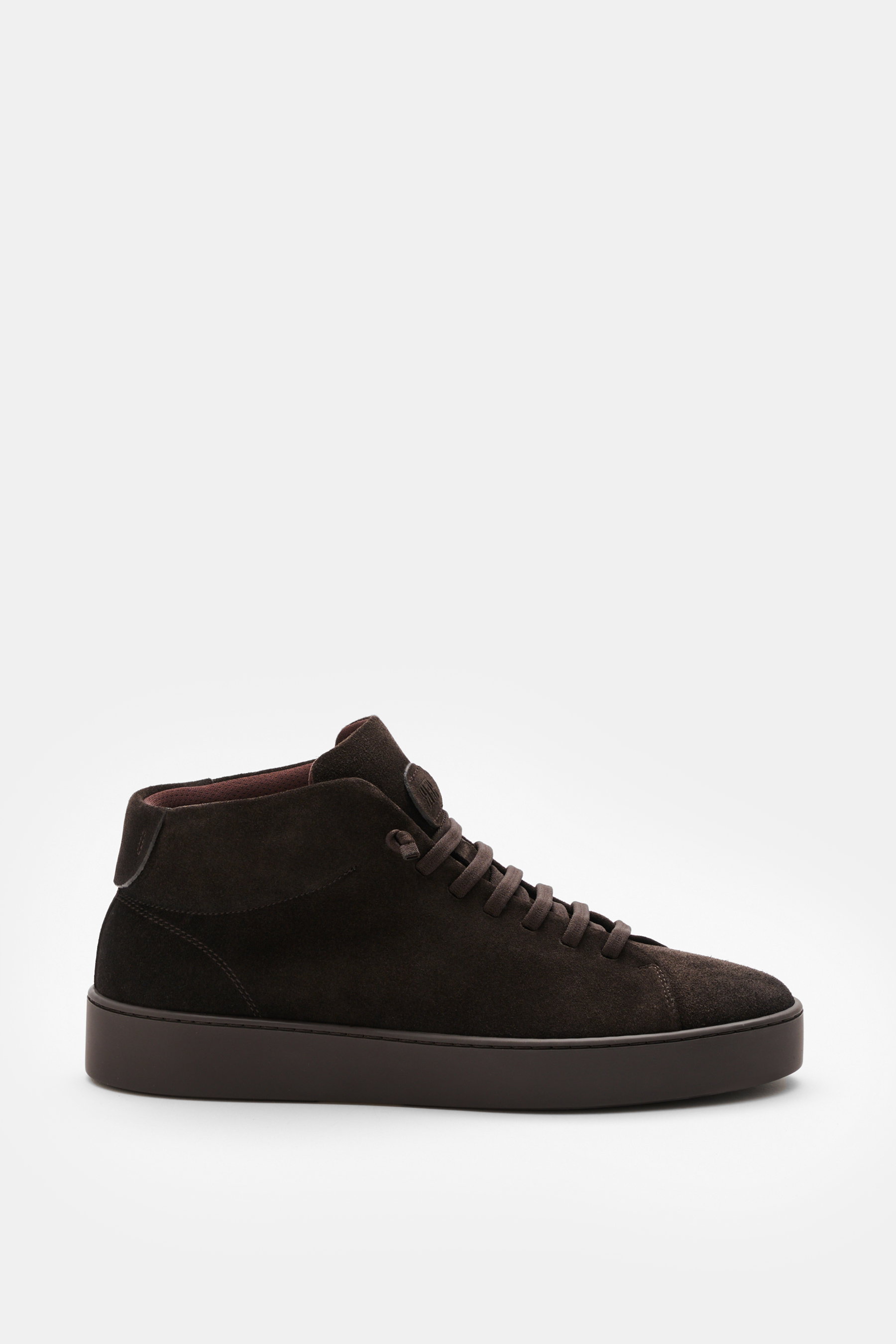 Fabiano Ricci Sneaker dunkelbraun aus edlem Veloursleder, seitliche Ansicht, hohe Schnitt, Sieben-Loch-Schnürung, Gummisohle.