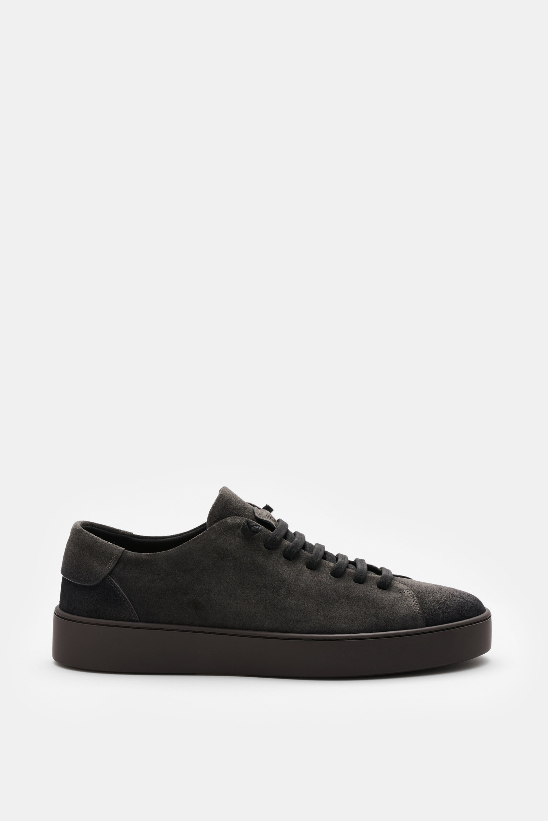 Fabiano Ricci Sneaker dunkelgrau aus edlem Veloursleder mit runder Vorderkappe, Sieben-Loch-Schnürung, gepolstertem Schaftrand, Mesh-Futter, robuster Gummisohle, seitliche Seitenansicht.