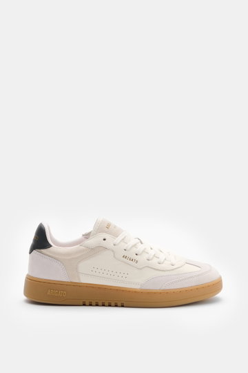 Side view of Axel Arigato Sneakers 'Dice T-Toe' cream/light grey featuring grained smooth leather, suede overlays, round toe cap, seven-eyelet lacing, gold-coloured embossed label, side perforations, padded topline, mesh lining, padded footbed, and flexib