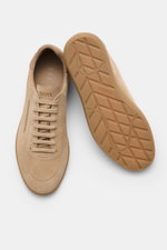 Top view of Zegna Sneakers sand in smooth suede with round toe, seven-eyelet lacing, embossed tongue, leather lining, and flexible rubber sole.