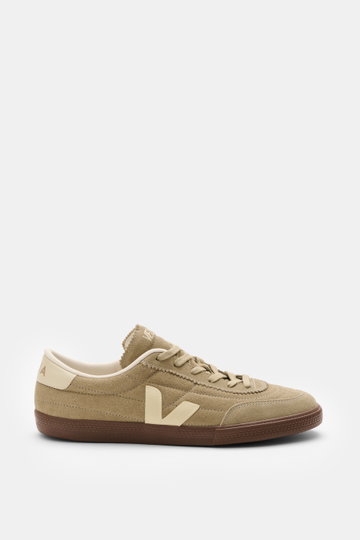 Veja Sneakers 'Panenka' taupe/cream shown from the side on a white background, made of smooth suede, leather overlays, six-eyelet lacing, signature side V-overlay, padded topline with logo, tongue with logo print, textile lining, flexible rubber sole; the
