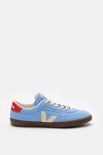 Veja Sneaker 'Panenka' blau/rot/creme seitlich fotografiert, Veloursleder, Glattleder-Overlays, sechs Loch Schnürung, gepolsterter Schaftrand, flexible Gummisohle.