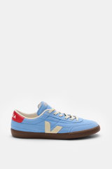 Veja Sneaker 'Panenka' blau/rot/creme seitlich fotografiert, Veloursleder, Glattleder-Overlays, sechs Loch Schnürung, gepolsterter Schaftrand, flexible Gummisohle.