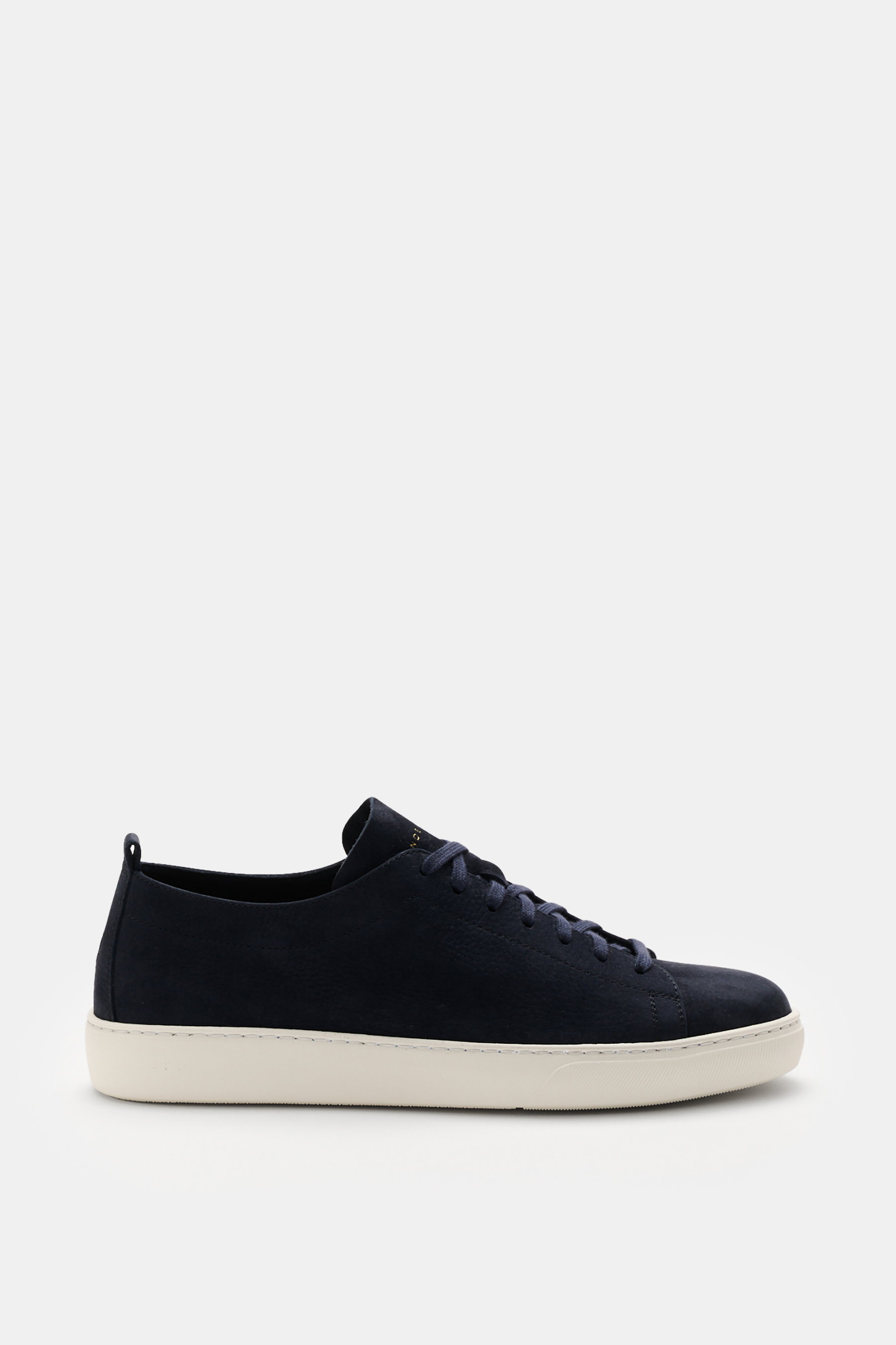 Henderson Sneaker 'Thomas' navy aus softem, gebürstetem Leder, seitliche Ansicht mit runder Vorderkappe, sieben-Loch-Schnürung, Logoprägung, Lederfutter, Anziehschlaufen und leichter Gummisohle.