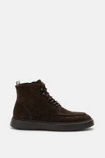 Officine Creative Lace-up boot 'Frame' dark brown shown from side view, made of noble suede leather with a slightly tapered silhouette, five-eyelet lacing, two lace hooks, typical grosgrain pull loop, leather lining, side zipper, and lightweight rubber ou