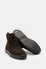 Officine Creative Lace-up boot 'Frame' dark brown shown from a front and sole perspective, featuring noble suede leather, slightly tapered silhouette, five-eyelet lacing, two lace hooks, typical grosgrain pull loop, leather lining, side zipper, and lightw