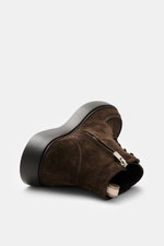 Officine Creative Lace-up boot 'Frame' dark brown shown from a low side angle, featuring noble suede leather, slightly tapered silhouette, five-eyelet lacing, two lace hooks, typical grosgrain pull loop, leather lining, side zipper, and lightweight rubber