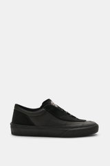 Stone Island Sneakers black shown from side view, made of canvas and suede leather, round toe cap, five-eyelet lacing, logo patch on the tongue, textile lining, all-around rubber coating, durable rubber sole.