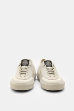 Stone Island Sneaker cream/sand shown from front, featuring canvas and suede leather, round toe cap, rubber coating, five-hole lacing, logo patch on tongue, textile lining, durable rubber sole.