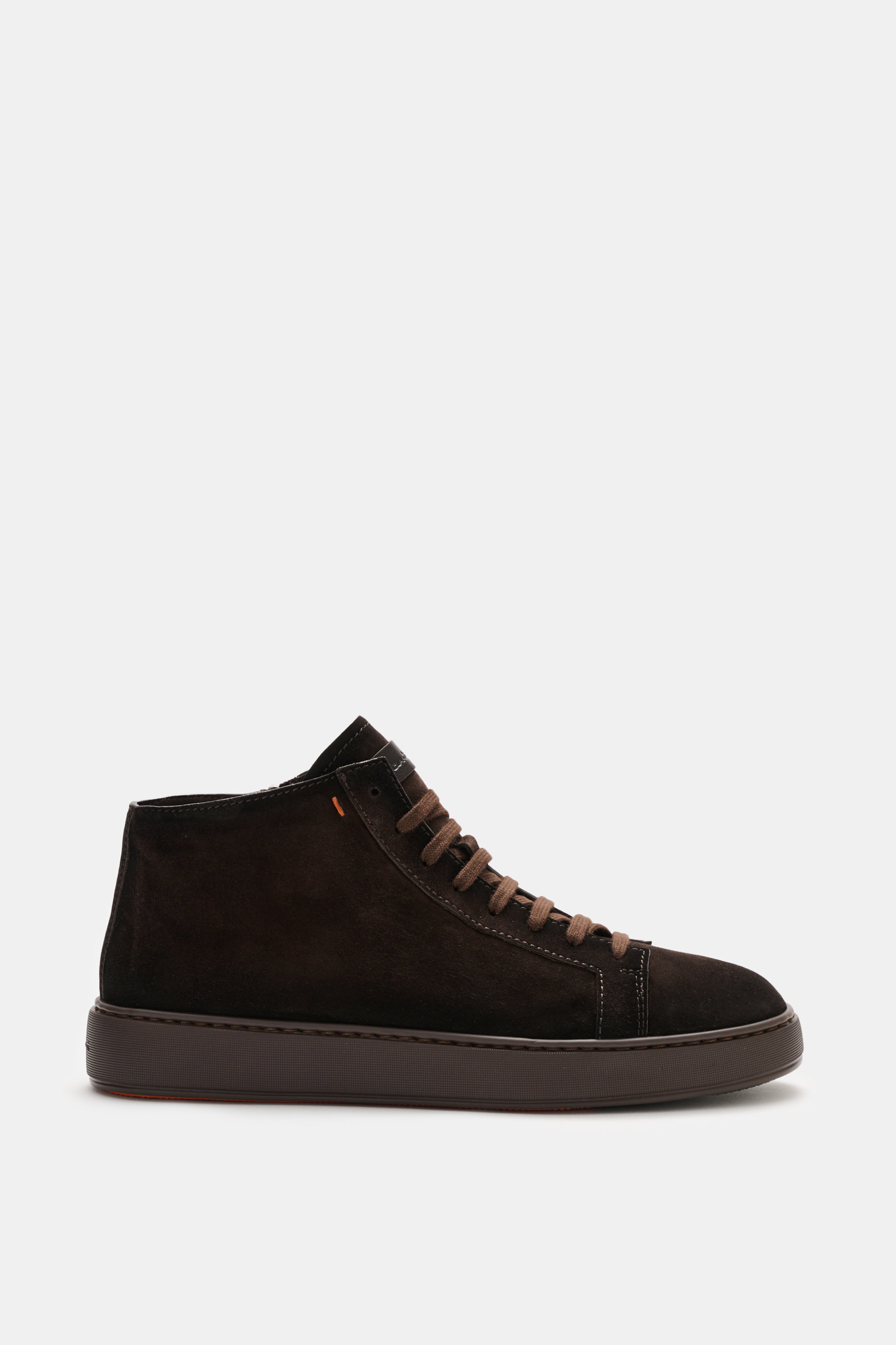 Santoni High Top Sneaker 'Dump' dunkelbraun, seitliche Ansicht, geschmeidiges Veloursleder, Textilfutter, runde Vorderkappe, Acht-Loch-Schnürung, Reißverschluss, Emblem, Kontrast-Stitching, Kautschuksohle.