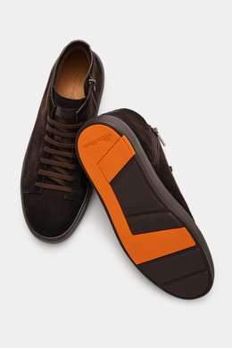 Top-down view of Santoni High Top Sneaker 'Dump' dark brown in supple suede leather with textile lining, round toe cap, eight-eyelet lacing, side zipper, emblem on the tongue, contrasting stitching details, and comfortable rubber sole with orange accents.