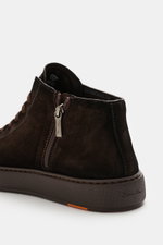 Santoni High Top Sneaker 'Dump' dark brown shown from rear side angle, with supple suede leather, textile lining, round toe cap, eight-eyelet lacing, side zipper, emblem on tongue, contrasting stitching, and comfortable rubber sole.