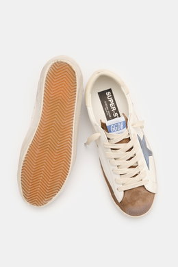Golden Goose Sneaker 'Super-Star Classic' creme/taupe/rauchblau, Vintage-Finish, seitlich Stern, Ansicht von oben mit Sohlenprofil und handgemachter Used-Optik