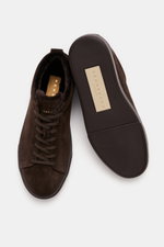 Henderson Sneaker 'Colby' dark brown shown from top and sole view, soft suede, round toe, seven-hole lacing, lambskin lining.