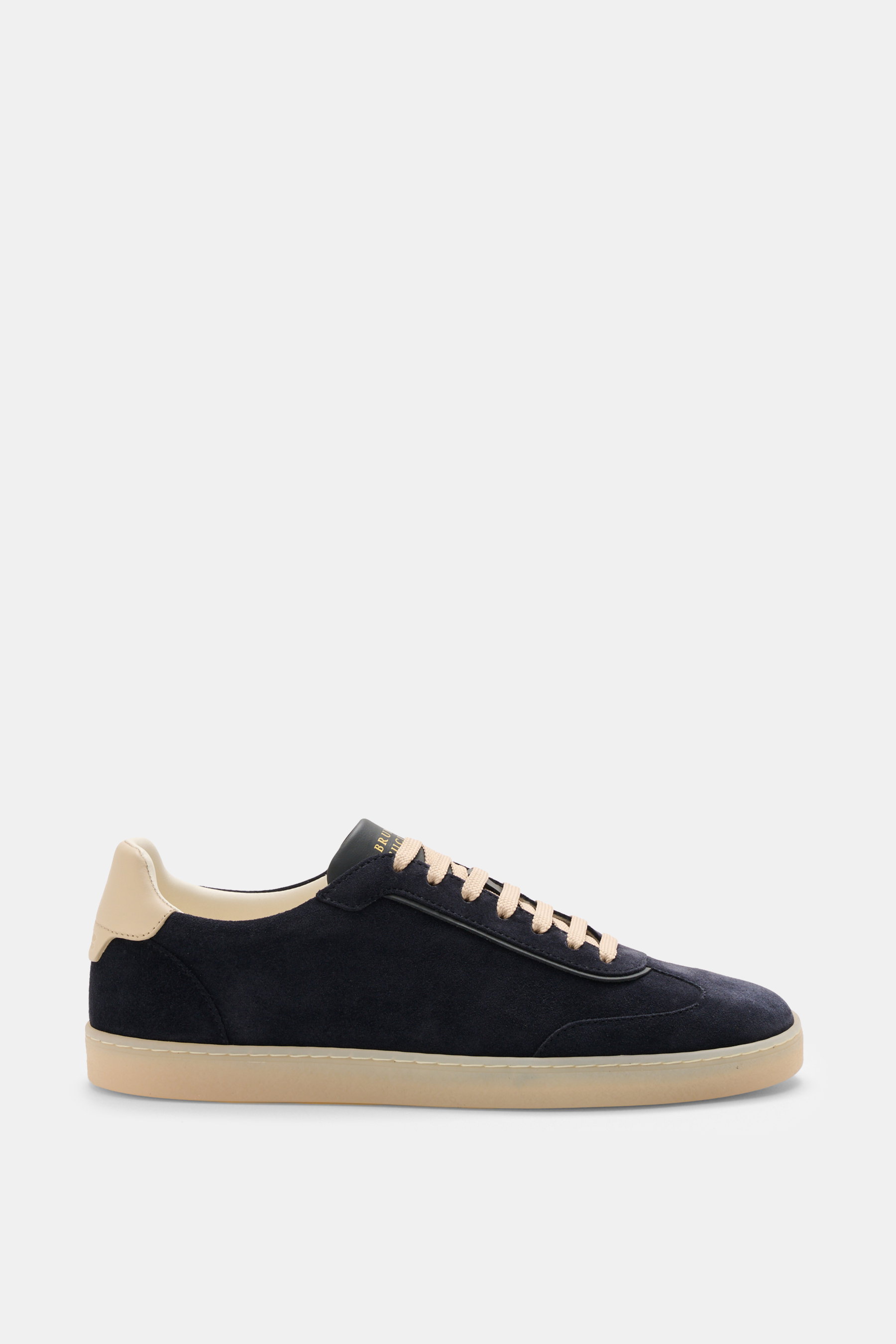 Side view of Brunello Cucinelli Sneakers navy in smooth navy suede with beige accents, seven-eyelet lacing, and rubber outsole.

<p>These retro sneakers in smooth suede by BRUNELLO CUCINELLI promise a flexible and lightweight feel.</p>
<ul>
<li>Supple sue