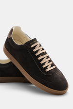 Close-up side view of Brunello Cucinelli Sneakers grey brown in supple suede with seven-eyelet lacing, leather tab, padded topline, and natural rubber outsole.

Description: <p>These retro sneakers in smooth suede by BRUNELLO CUCINELLI promise a flexibl