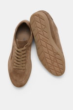 Top-down view of Zegna Sneakers taupe in smooth suede with round toe, seven-eyelet lacing, ZEGNA embossed tongue, leather lining, and flexible rubber sole.