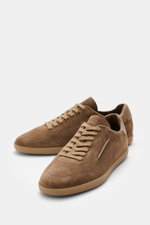Front-side view of Zegna Sneakers taupe in smooth suede featuring a round toe cap, seven-eyelet lacing, ZEGNA embossed tongue, leather lining, and flexible natural rubber sole, blending contemporary elegance with vintage aesthetic.

Description: <p>These 