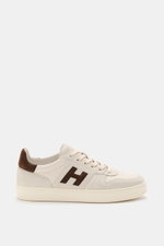 Hogan Sneaker "Allacciato Banda" sand/dunkelbraun seitlich fotografiert, Glattleder, Veloursleder-Overlays, Memory-Foam-Fußbett, flexible Gummisohle.