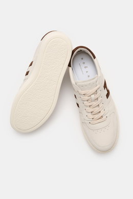Hogan Sneaker 'Allacciato Banda' sand/dunkelbraun, von oben und seitlich mit Memory-Foam-Sohle, Glattleder, Velours-Overlays und H-Logo.